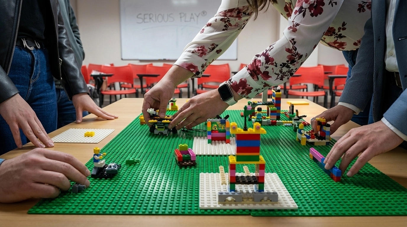 Consultores analizando diagnósticos y datos de estudios organizacionales con Lego Serious Play